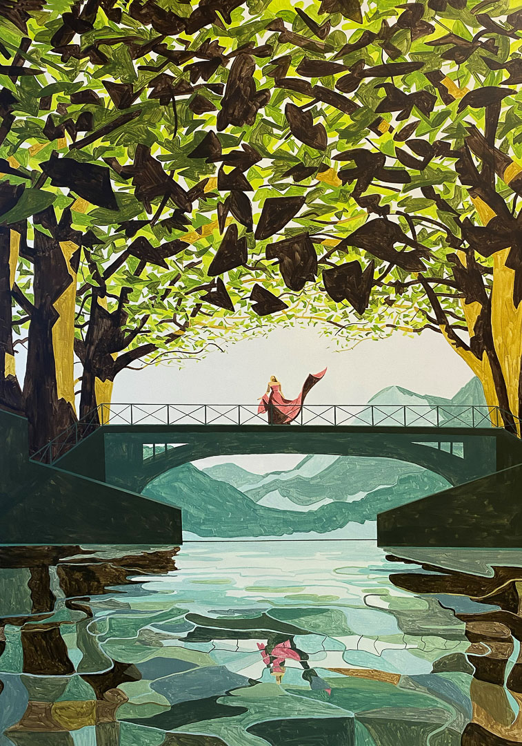 Emiliano Ponzi, Pont des Amours, 2023, tempera e acrilico su tela, tempera and acrylic on canvas, 200 x 133 cm, PONZIBOZ011