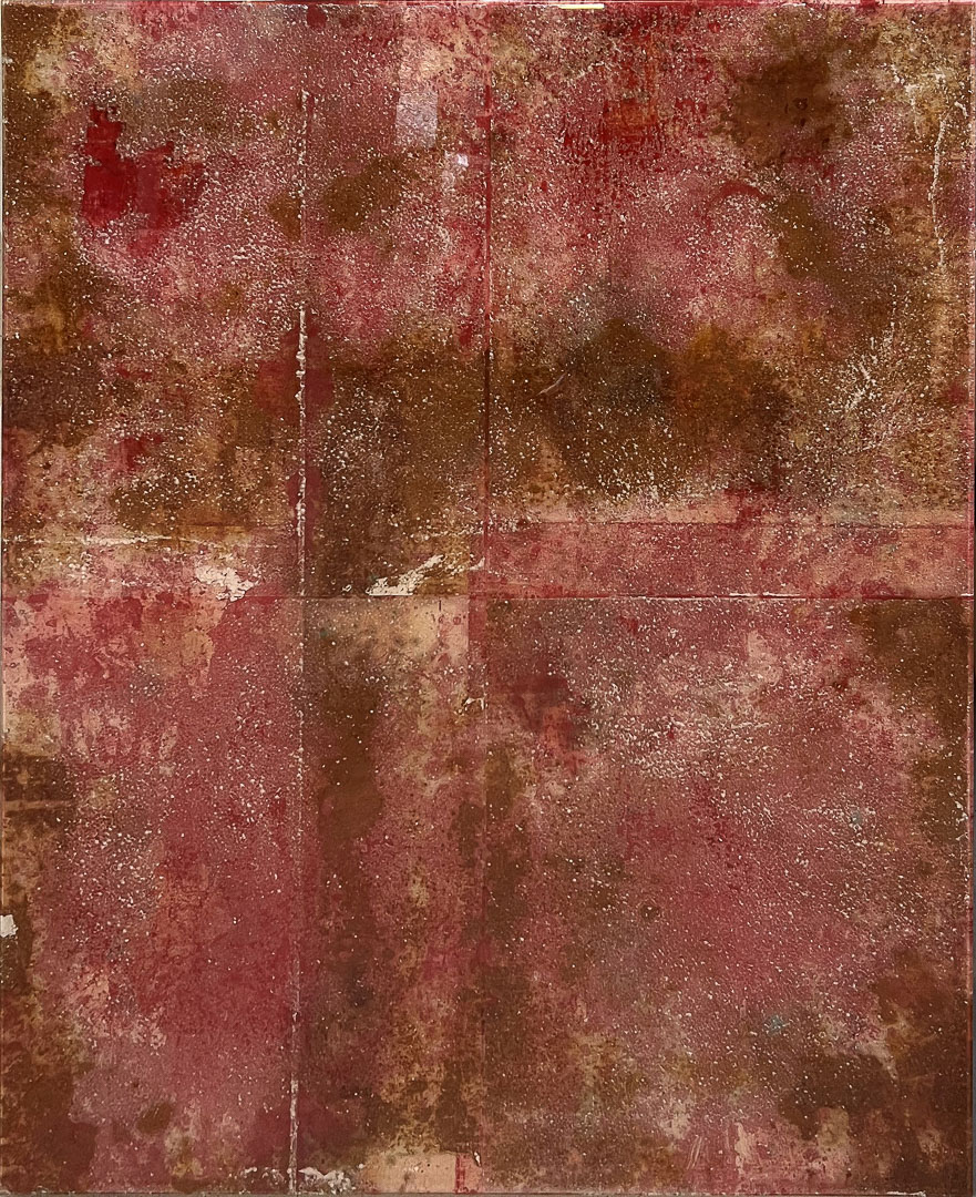Ivan De Menis Compressione 2EE0/v1 2022 - legno, tessuto, smalti, pigmenti, resina epossidica - 120 x 100 cm - DEMETM004