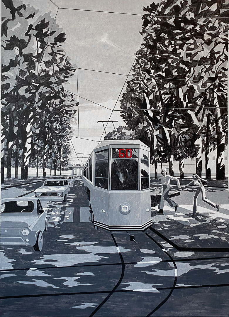 Emiliano Ponzi, Milano anni ‘70, 2023, tempera e acrilico su tela, 120 x 80 cm, PONZITM026