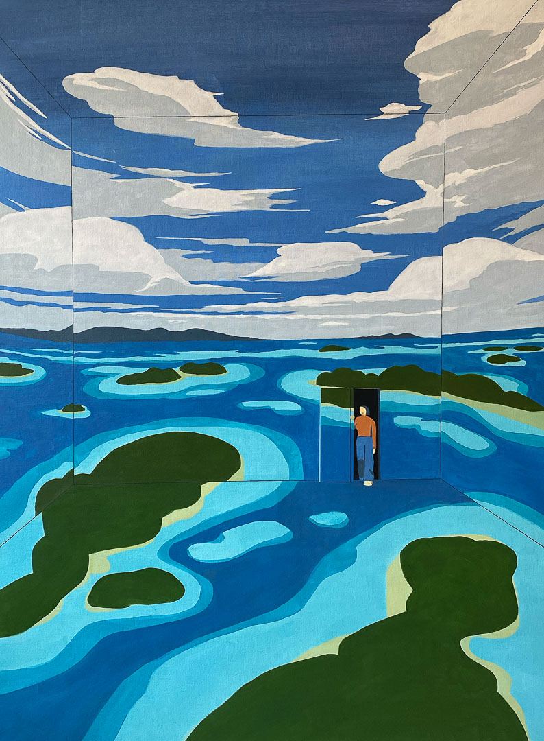 Emiliano Ponzi - 80 x 120 - Disconnect-donna che apre porta su stanza isola