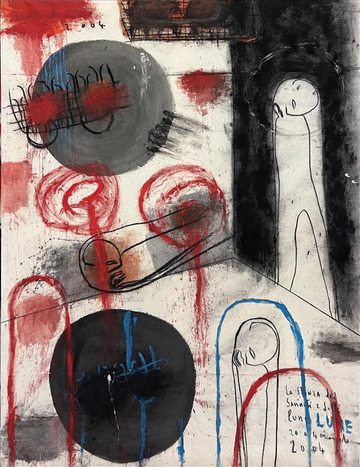 Arcangelo, La stanza dei Sanniti e delle lune, 2004, tecnica mista su tela, mixed media on canvas, 152 x 115 cm, ARCTM0292