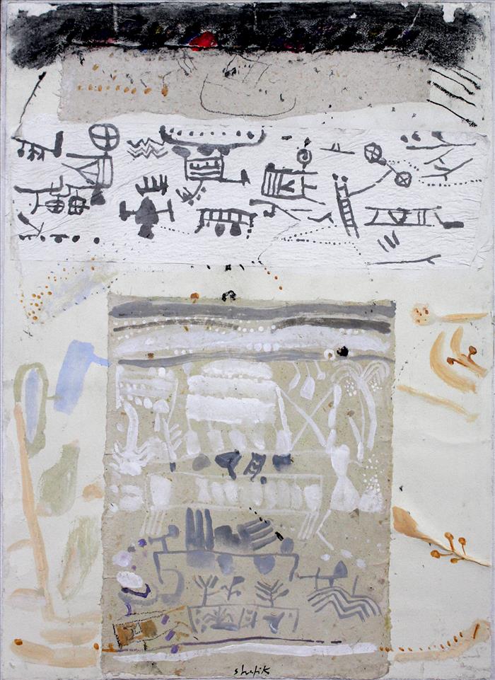 Medhat Shafik, Storie di confini, 2022, mixed media on paper mounted on canvas" , 79 x 58 cm, SHAFTM1352
