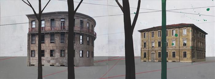 Paolo Ventura, La città nuova, esterno quattordici, 2021, collage fotografico e pittura, photo collage and painting, 42 x 112 cm, VENST0272