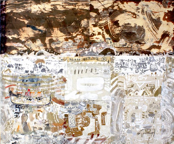 Medhat Shafik, Canti epici, 2021, tecnica mista su carta intelata, mixed media on canvas paper, 126,0 x 155,0 cm, SHAFTM1348