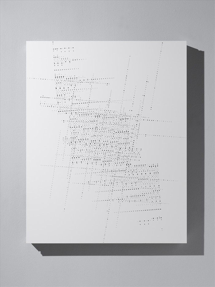 Riccardo De Marchi, Traccia 2, 2021, alluminio, pittura e buchi, aluminum, paint and holes, 100,0 x 80,0 cm, DEMATM0024