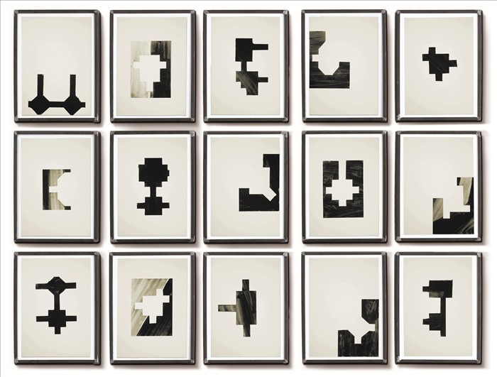 Marco Tirelli, Senza titolo, 1985, tempera e collage su carta, tempera and collage on paper, ogni elemento/each element 50,0 x 35,0 cm, TIRPOL071